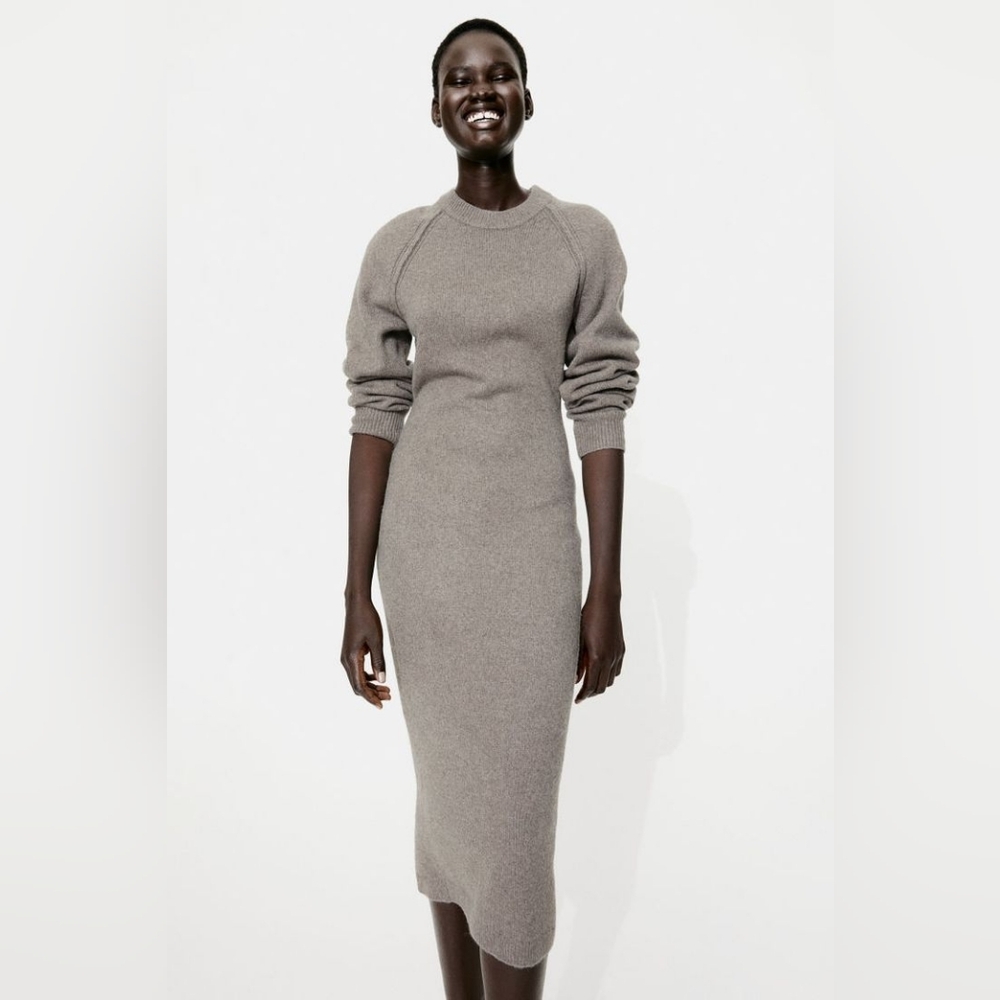 H&M Taupe Melange Cozy Knit Bodycon Longline Sweater Dress XS.
